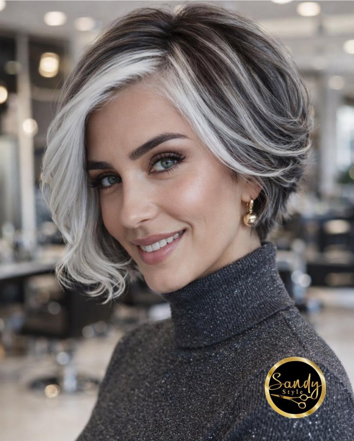 Woman with smoky gray hair and bright silver money-piece streaks framing her face
