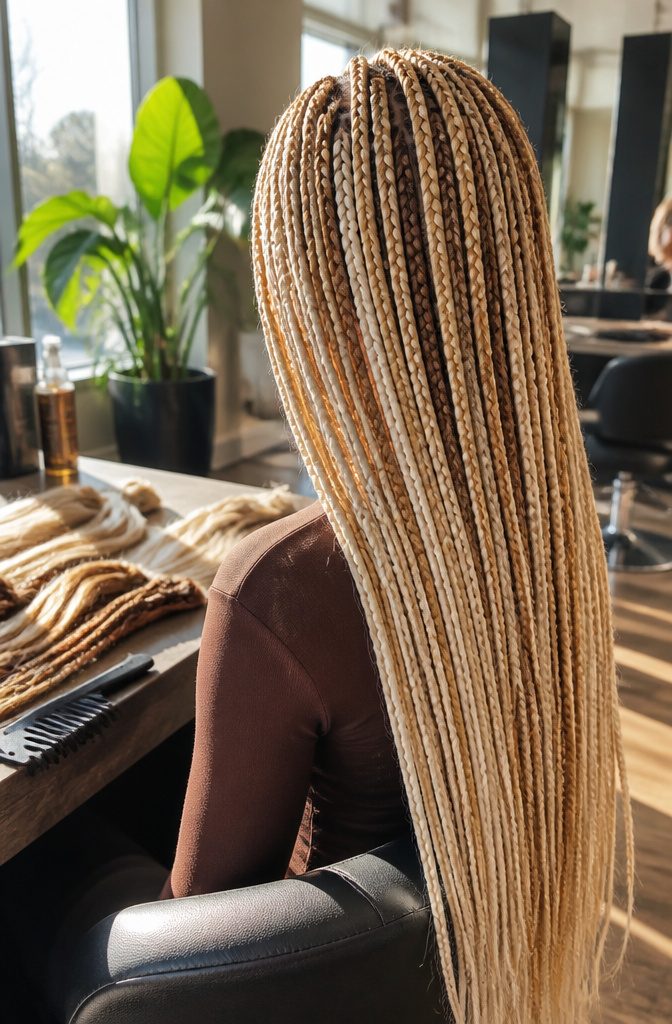 Braids in golden honey blonde and pale platinum shades