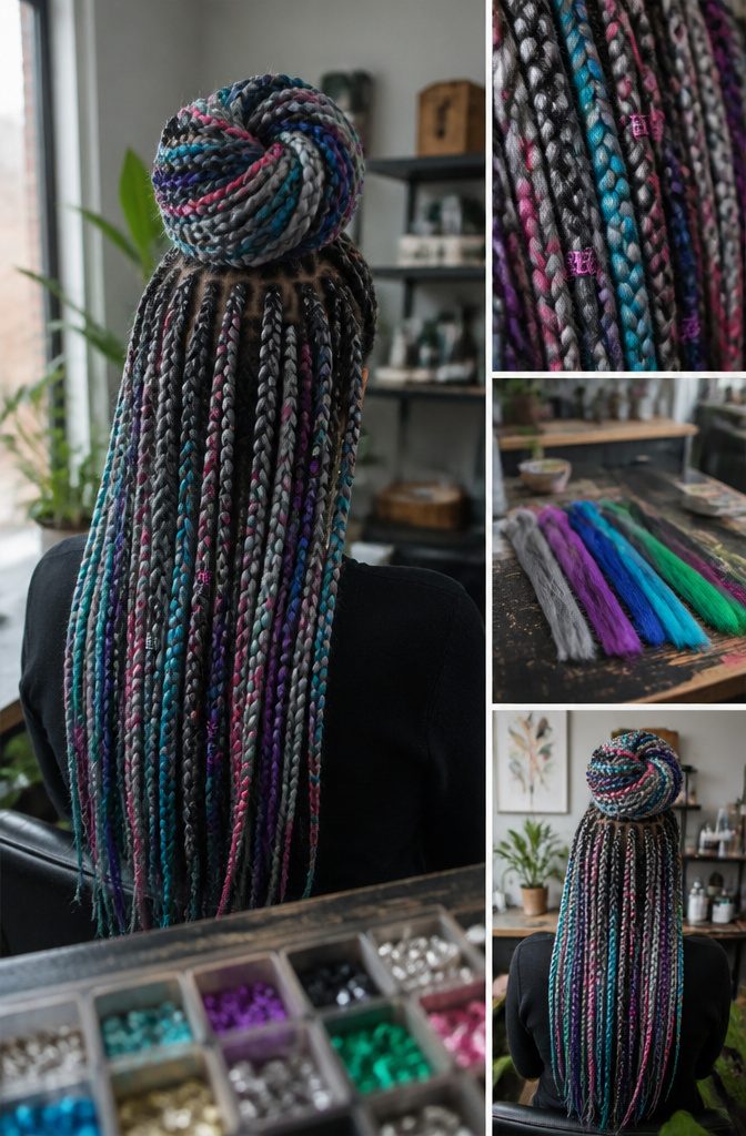 Grey braids with blue purple pink green and turquoise hair