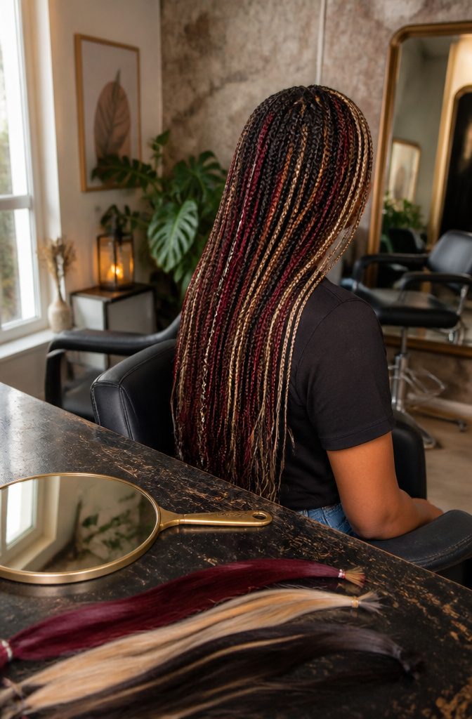 Dark box braids with blonde front sections and streaks through the lengths