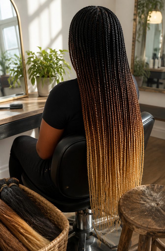 Long braids fading from a dark shade at the roots to light ends