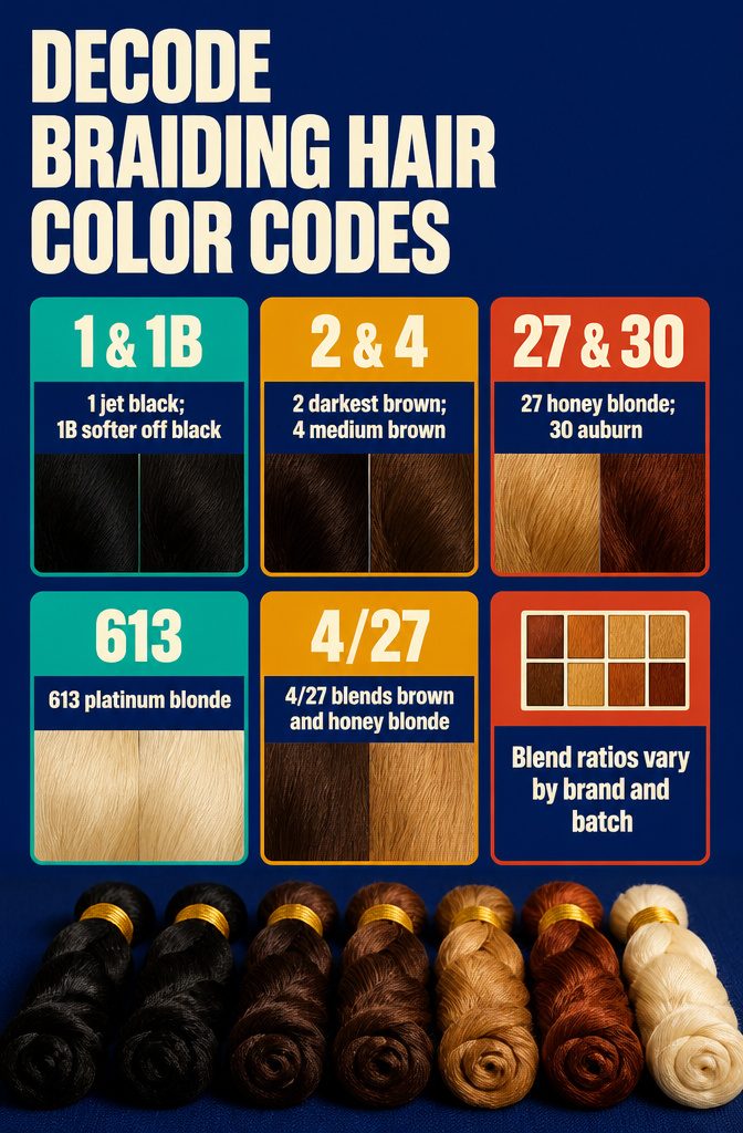 Braiding hair color code chart with shade numbers and slash blends