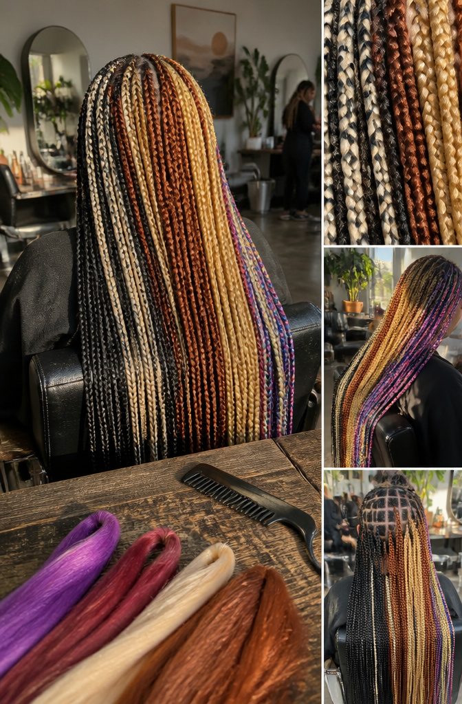 Braids combining contrasting colors in alternating strands and solid sections