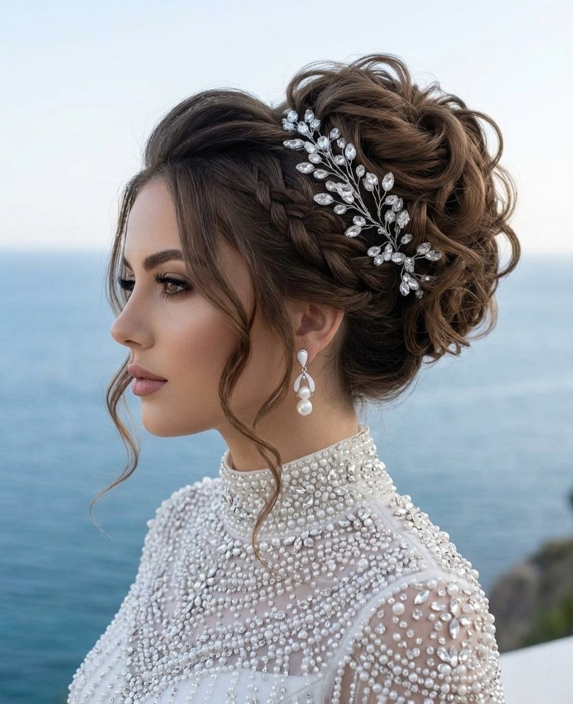 Bridal updo with braids and jeweled hairpiece on a woman by the sea