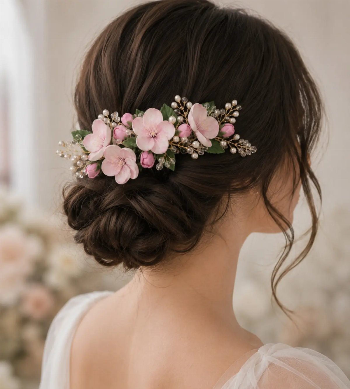 Dark braided bridal bun adorned with a pink floral clip and pearl accents