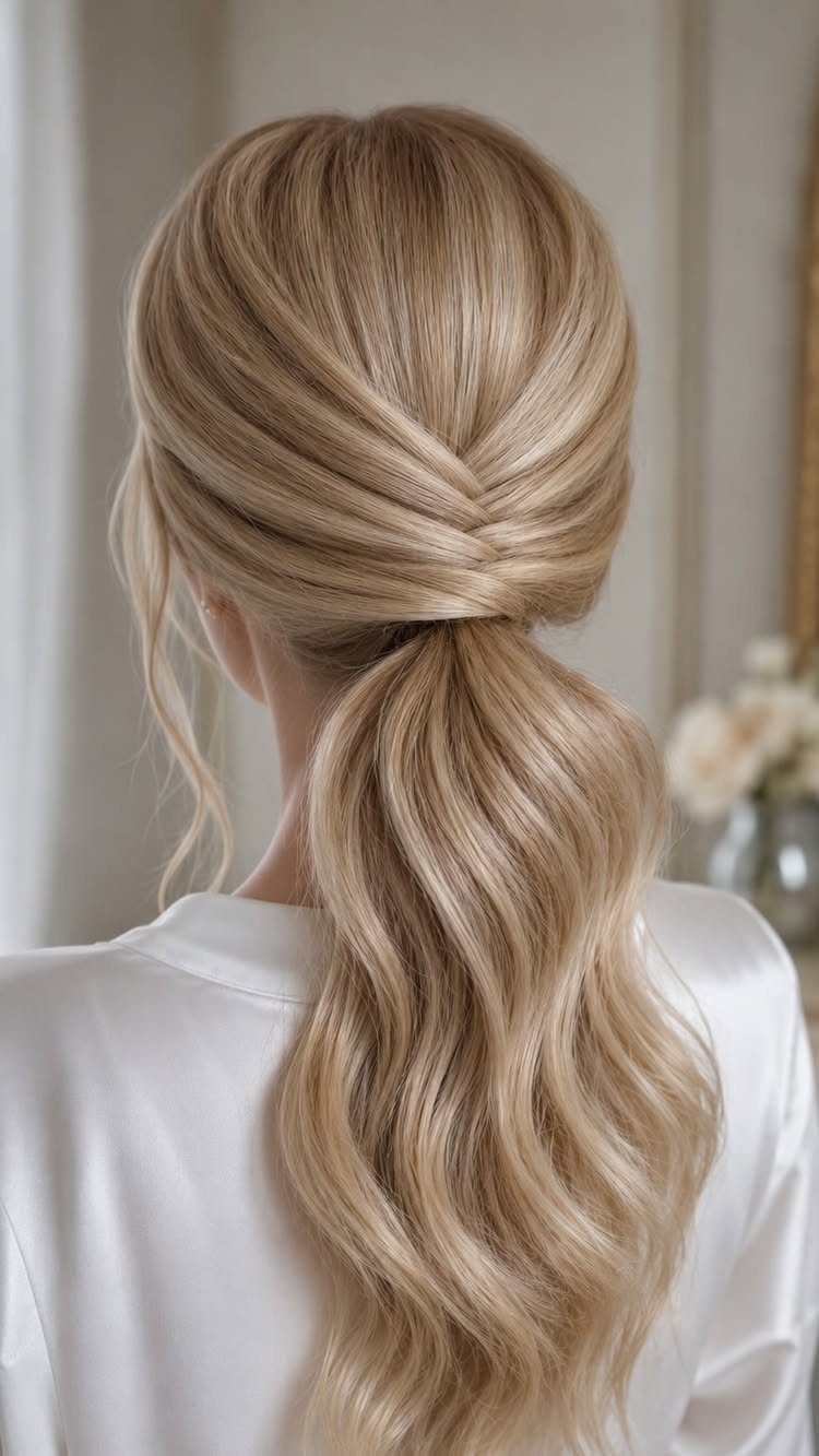 Long blonde hair swept into a low ponytail with crossed sections at the back