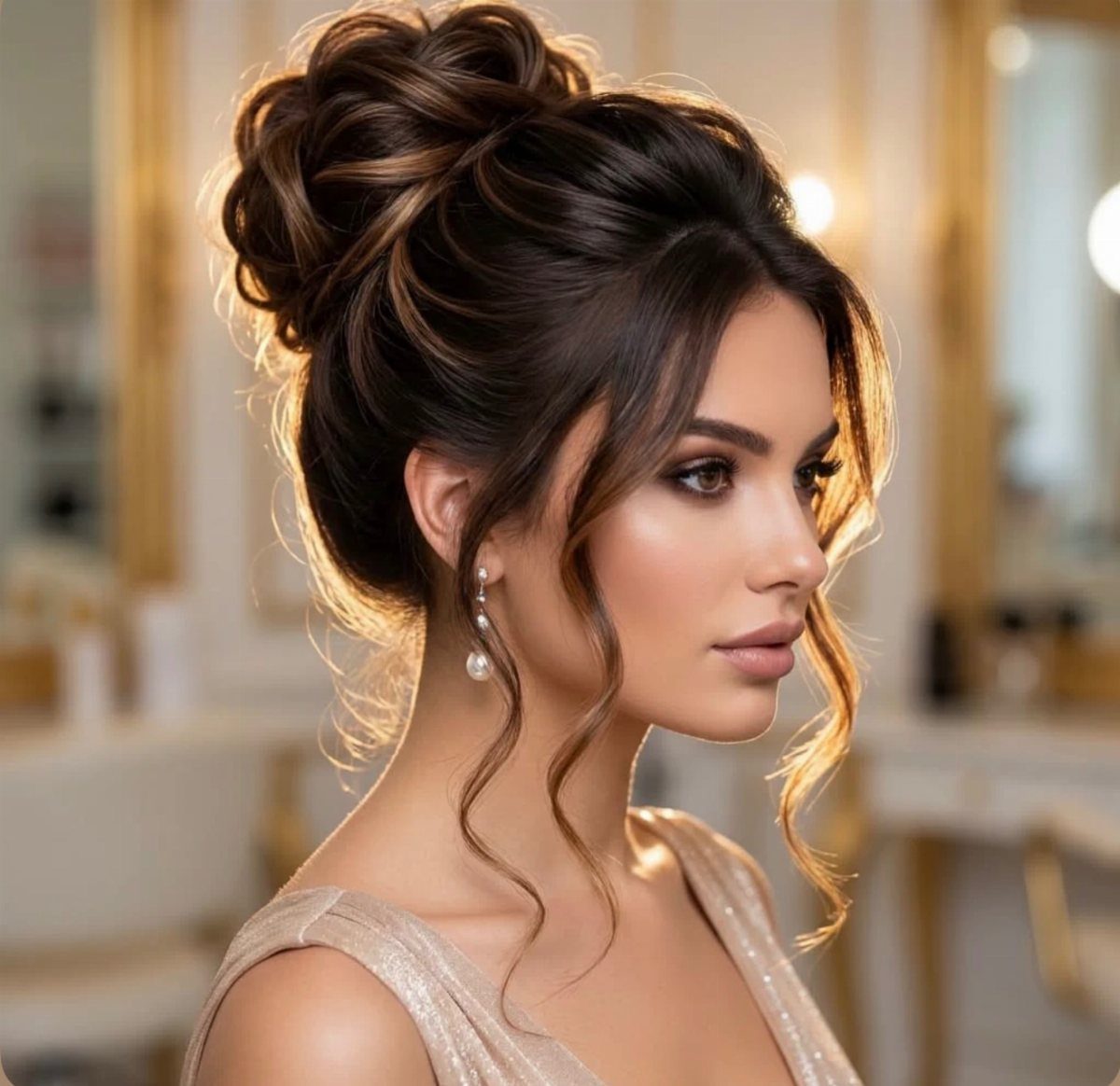 Woman with a high twisted bridal updo and loose face-framing tendrils