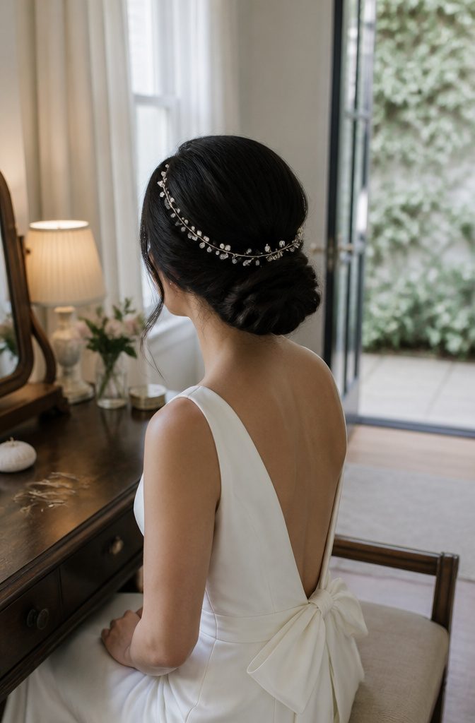 Pearl and crystal vine curving through a low bun