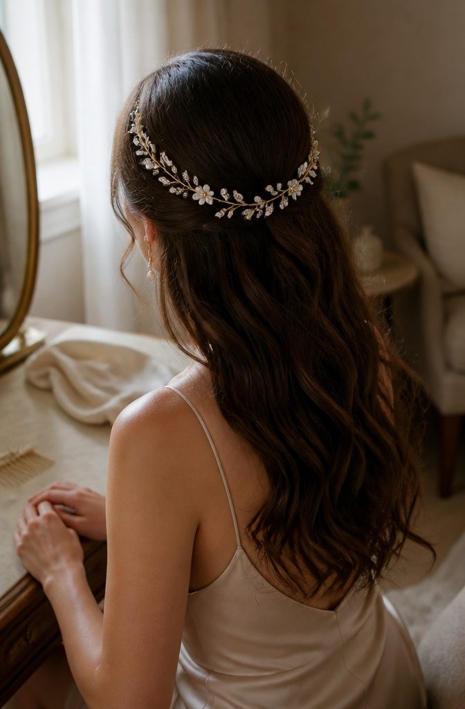 Bridal hair vine with ivory flowers and pearl sprigs