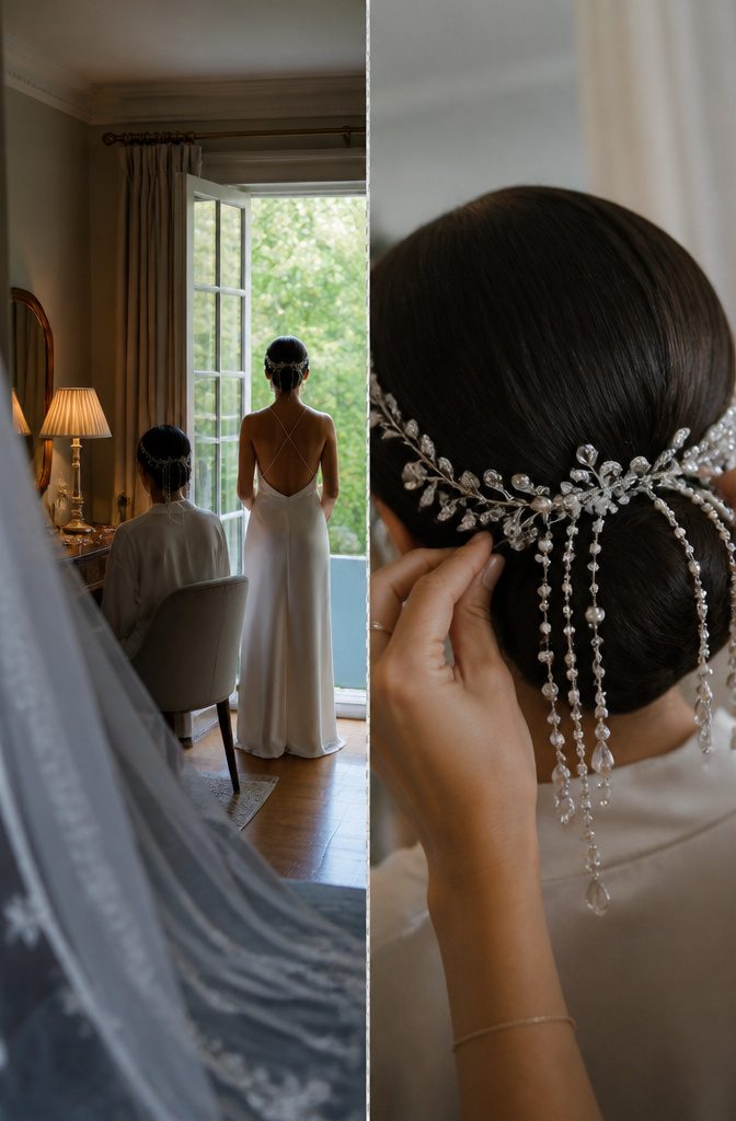 Pearl and crystal drapes framing an updo beside a half halo