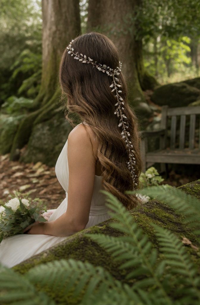 Silver leaf vine with pearls and crystals in loose waves