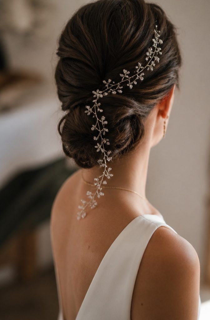 Long double bridal hair vine arranged beside an updo