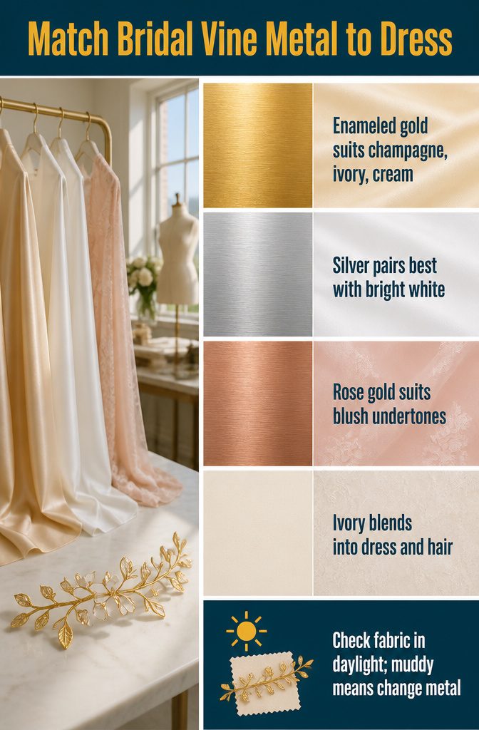 Gold silver and rose gold bridal vines beside ivory white and blush fabrics