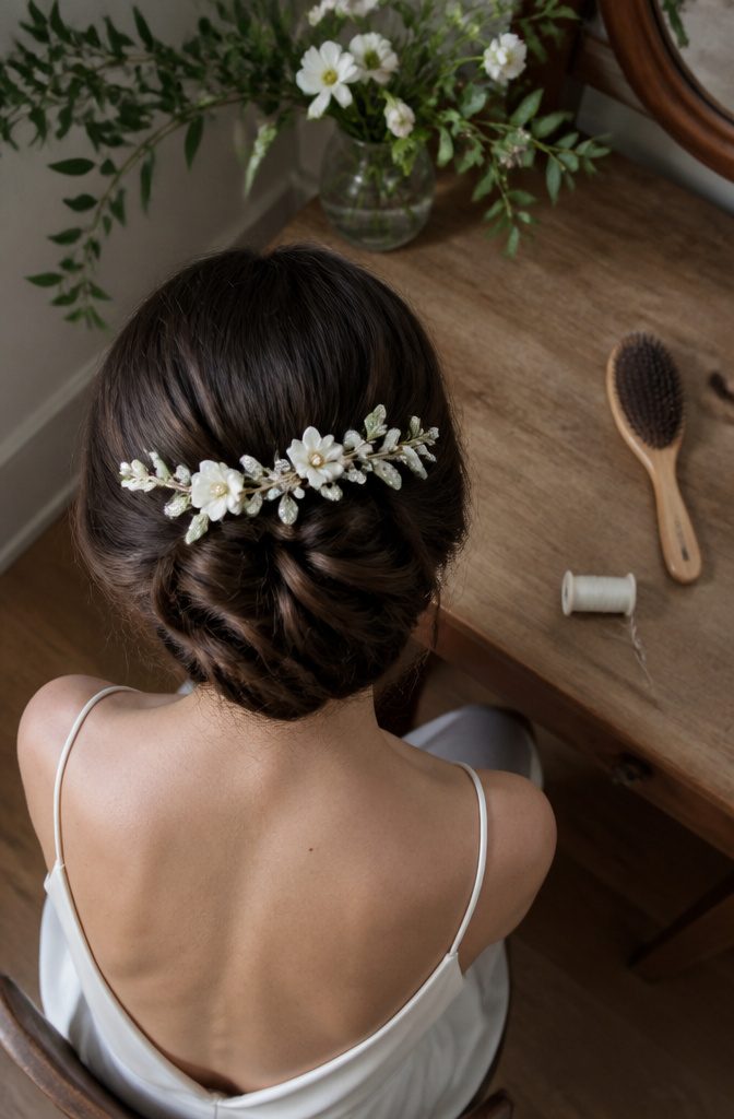 Bridal hair vine materials including enamel crystals fabric flowers and pearls