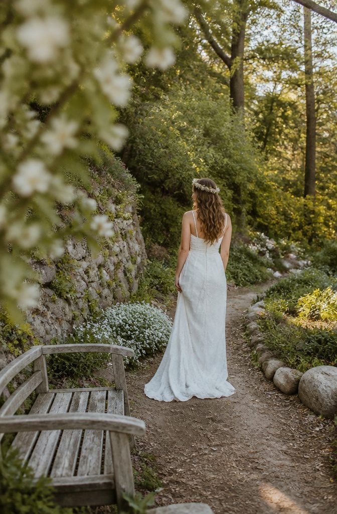 Slim bridal hair vine with loose hair in an outdoor setting
