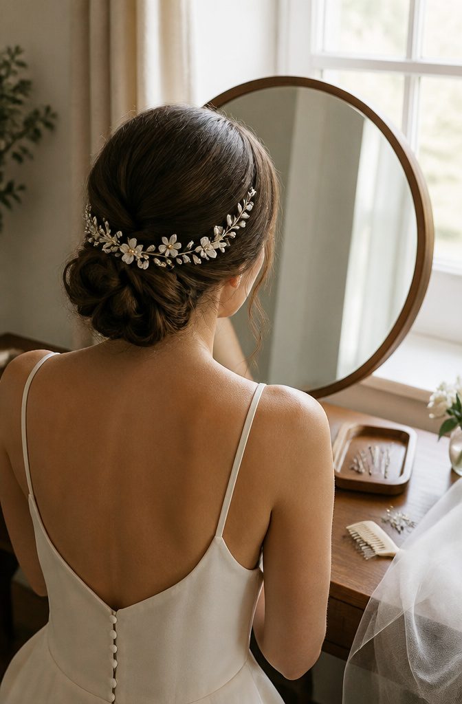 Ivory flowers and pearls on a metal comb and crescent clip