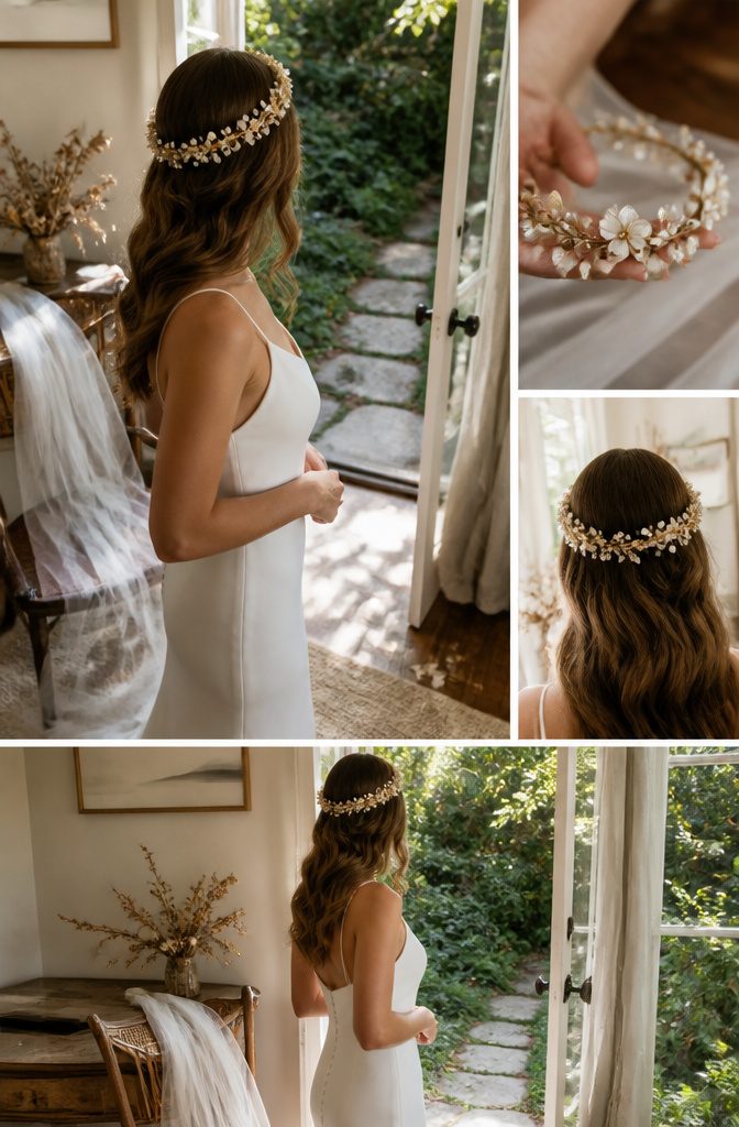 Bridal hair vine styled through an updo across a forehead and at one side