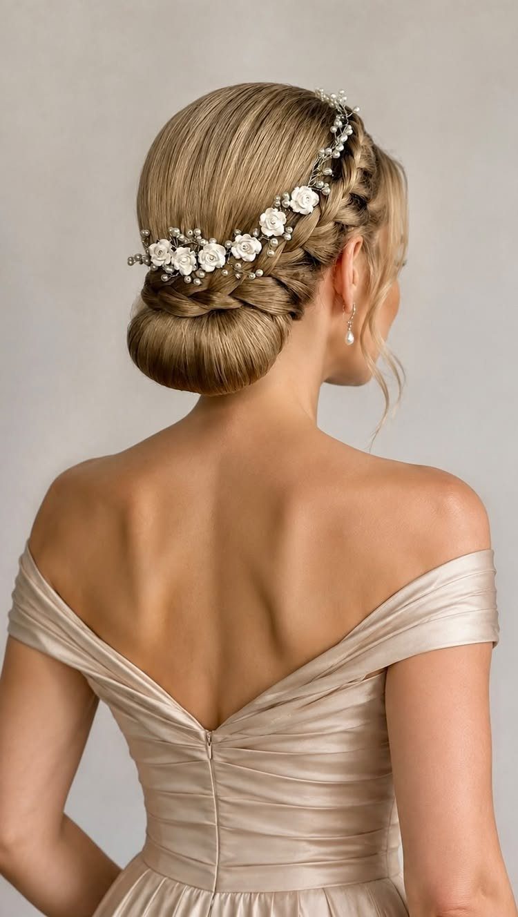 Braided low bun with white floral pins on a bride in an ivory dress