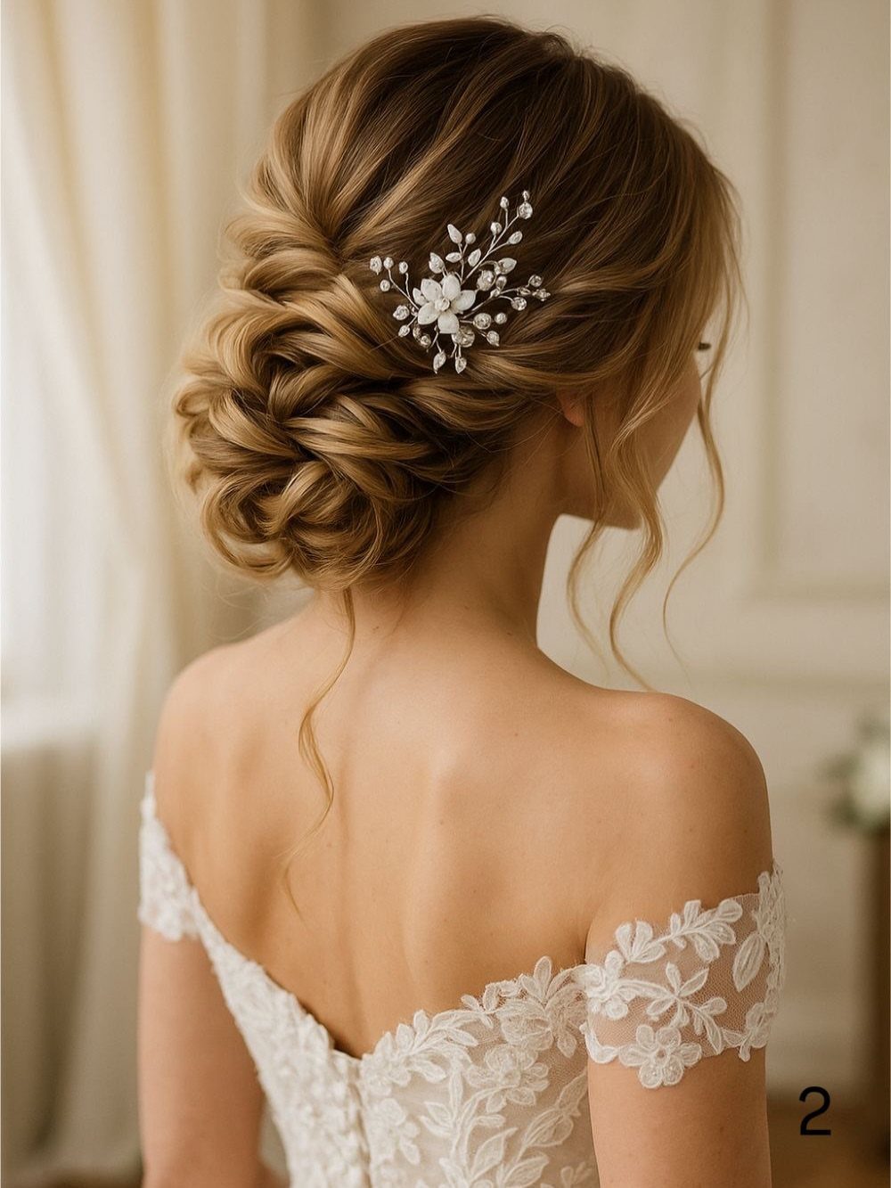 Braided low chignon with a silver floral hairpiece on a bride in a lace dress