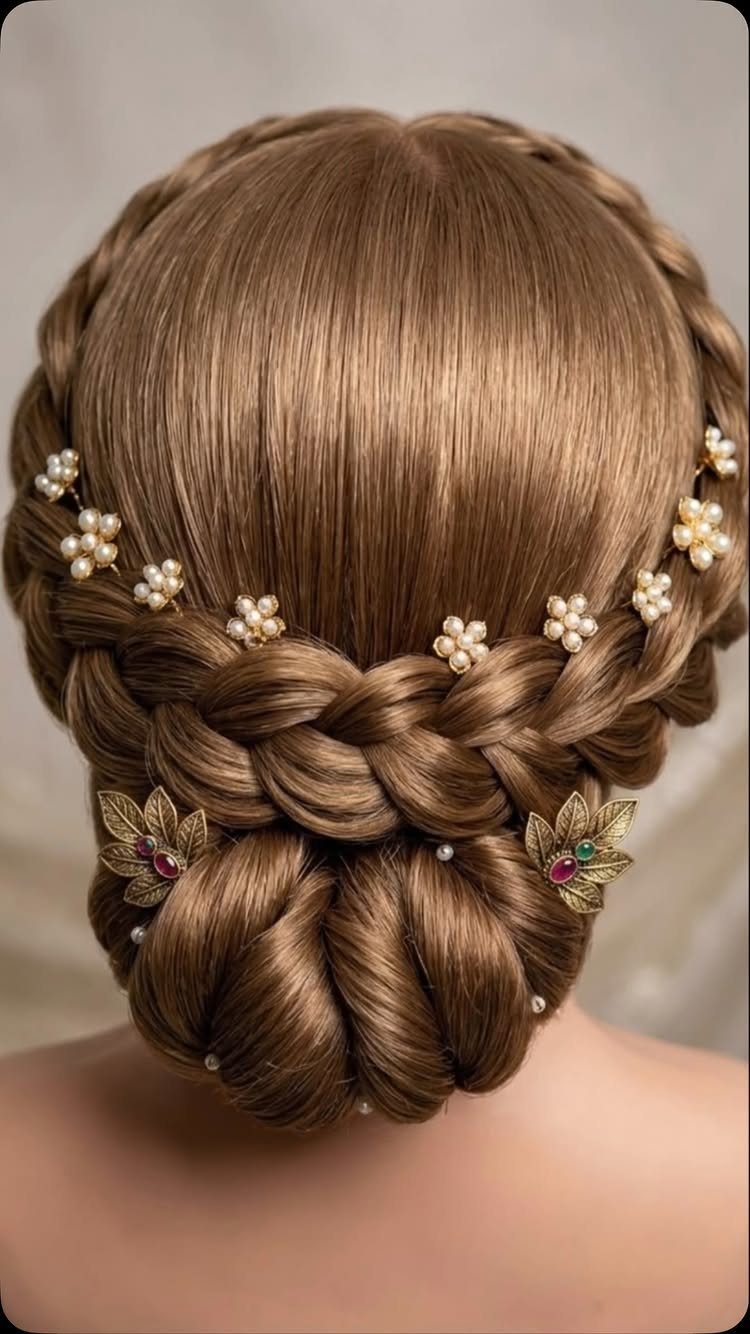 Braided brown updo with a low woven bun and pearl floral hairpins