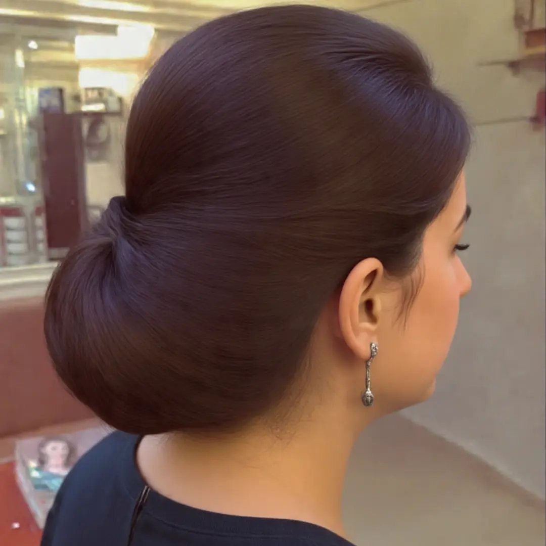 Woman wearing a smooth, voluminous low chignon at the nape