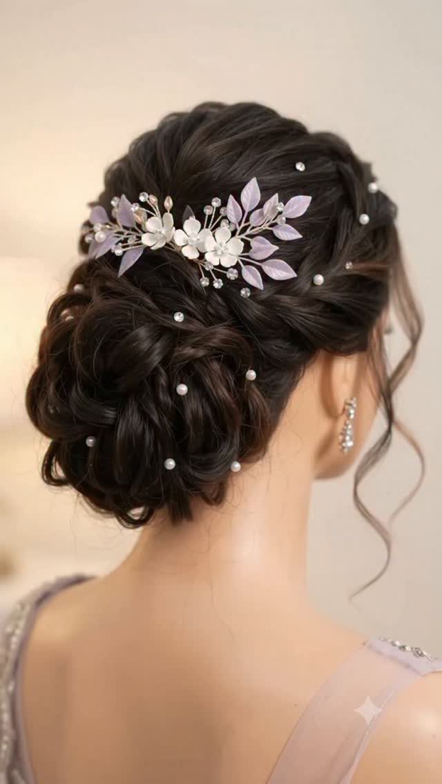 Dark-haired woman wears a low bridal updo with pearl pins and floral hairpiece