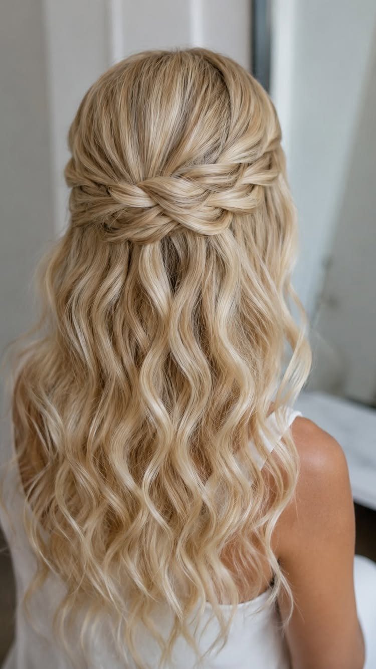 Blonde half-up bridal hairstyle with twisted sections and long loose waves