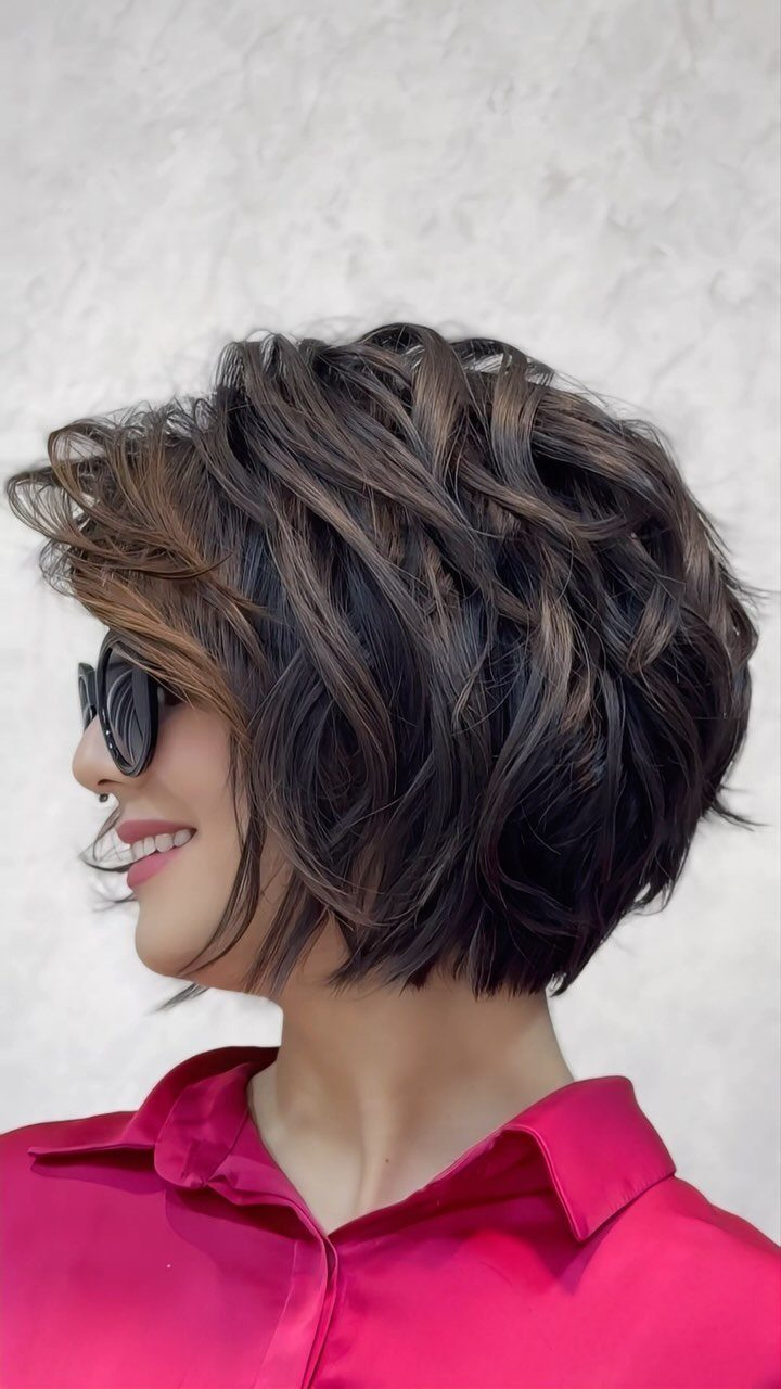 Woman showing a short, voluminous dark wavy bob in profile
