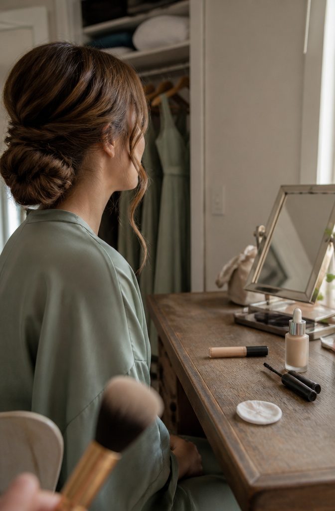 Bridesmaid having a makeup check beside tint concealer and mascara