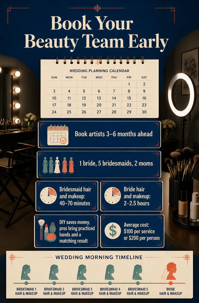 Beauty team booking infographic titled Book Your Beauty Team Early