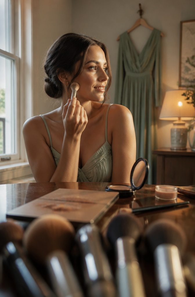Bridesmaid with bronzed cheeks and neutral eyeshadow