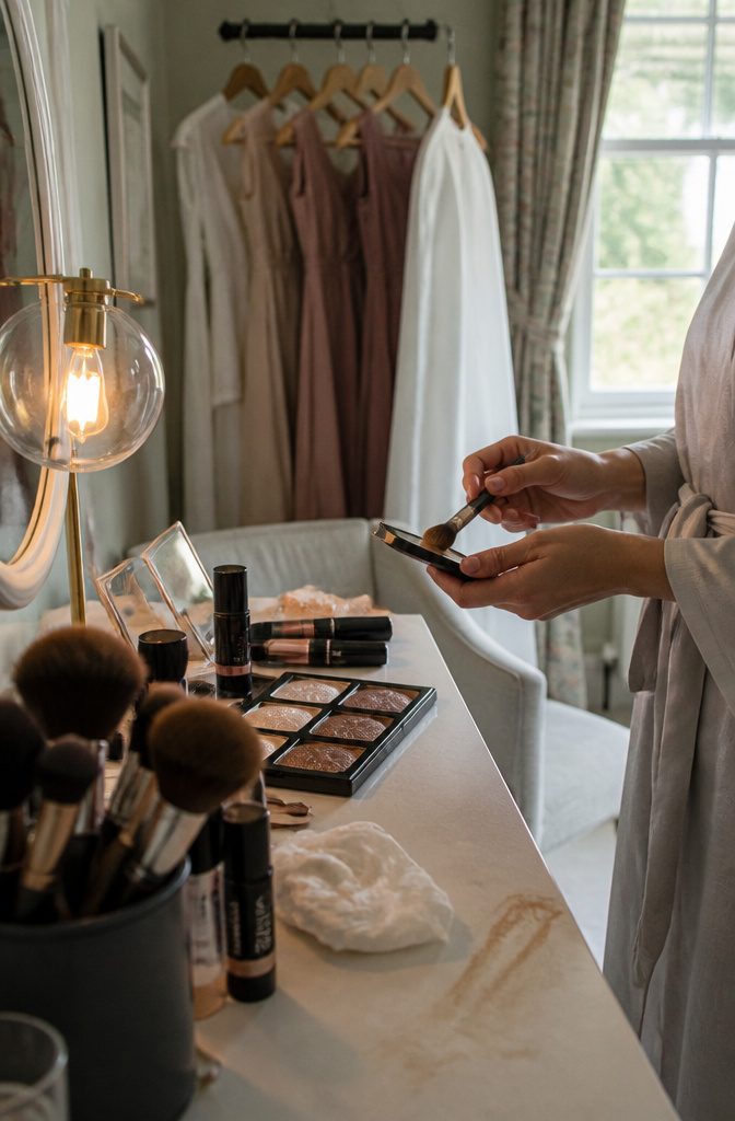 Makeup artist's palette with champagne and bronze highlighter shades beside brushes
