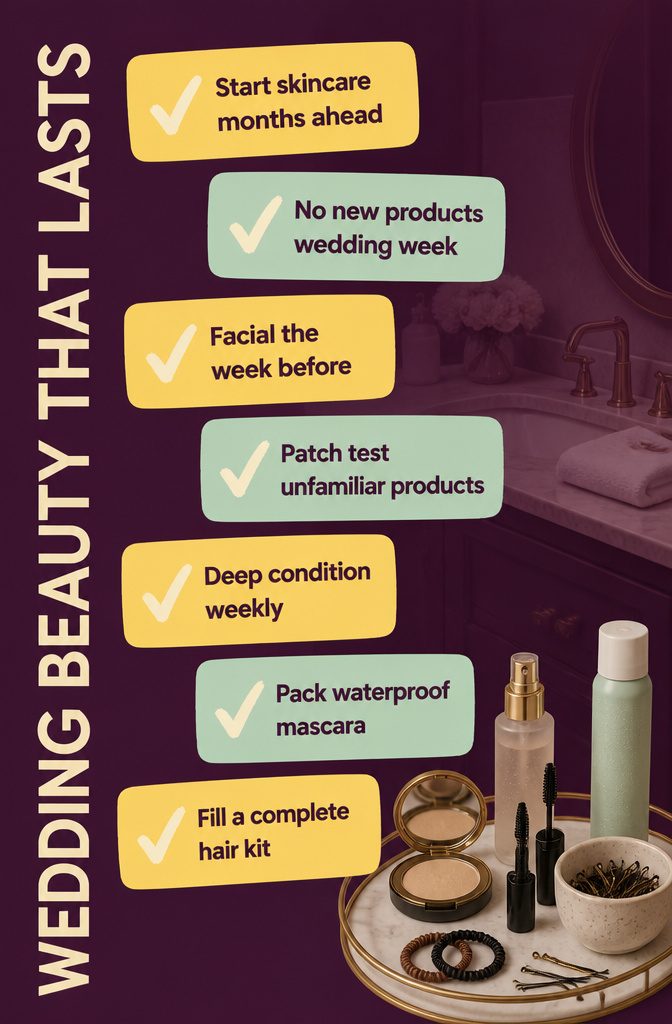 Wedding beauty kit with setting spray blotting powder pins and hair products