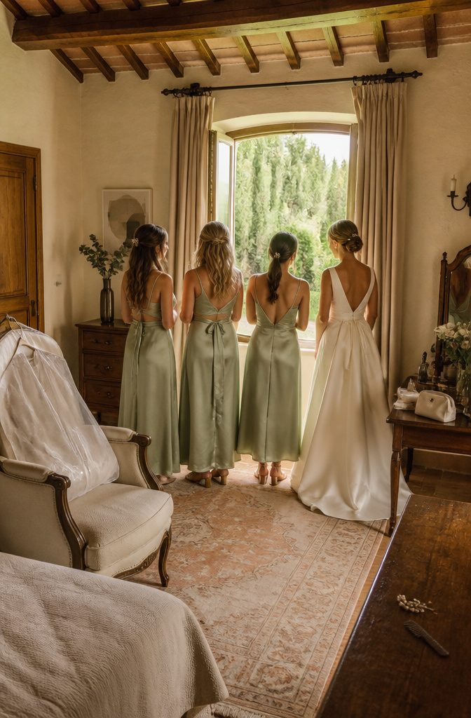 Bride and bridesmaids with coordinated but distinct hairstyles and makeup