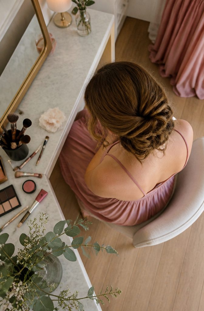 Bridesmaid wearing rosy cheek color with understated eye and lip makeup