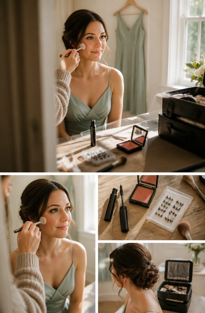 Bridesmaid wearing neutral eye makeup full lashes and softly colored cheeks