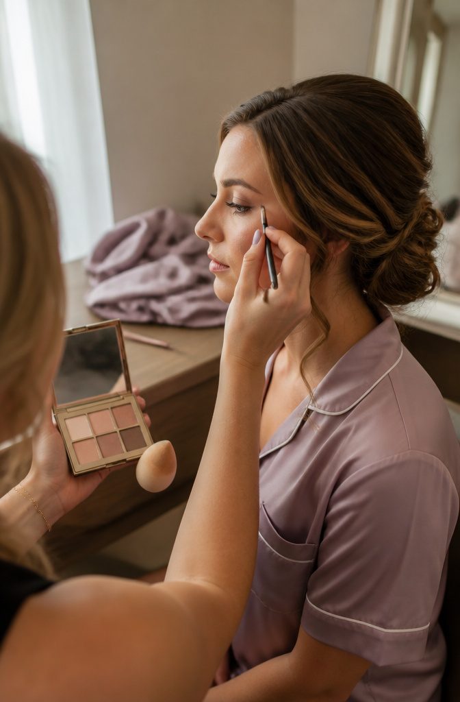 Bridesmaid wearing softly smudged eyeshadow along upper and lower lash lines