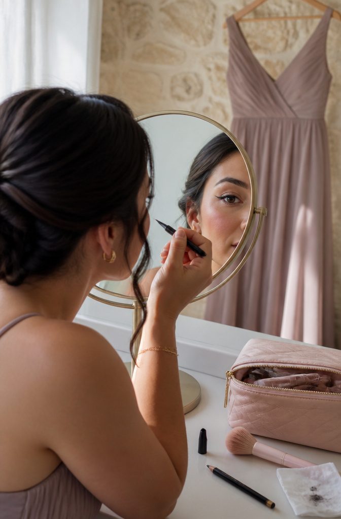 Bridesmaid at a dressing room mirror with liquid liner and pencil nearby