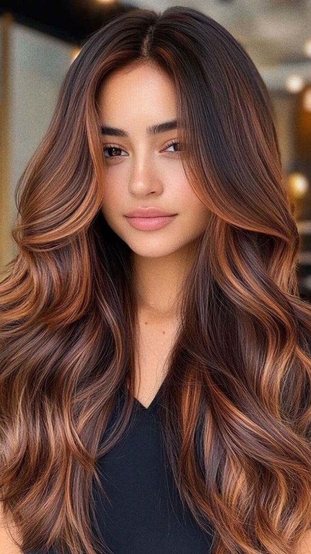 Woman with long espresso-brown waves and blended caramel balayage streaks