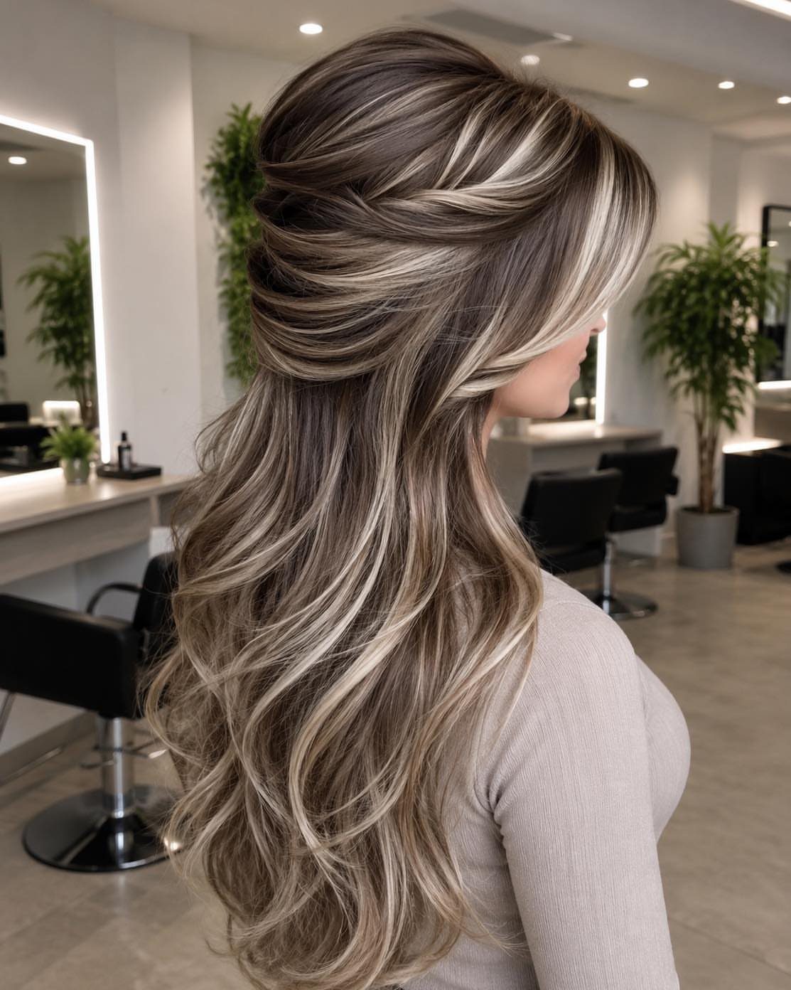 Long dark brown hair with prominent ash-blonde highlights in a salon