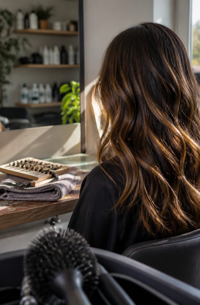 Medium brown hair with blended caramel highlights for dimension