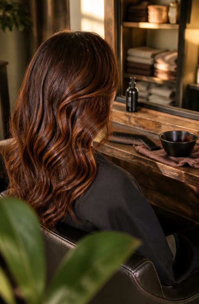 Chestnut brown hair with reddish tones and light face-framing highlights