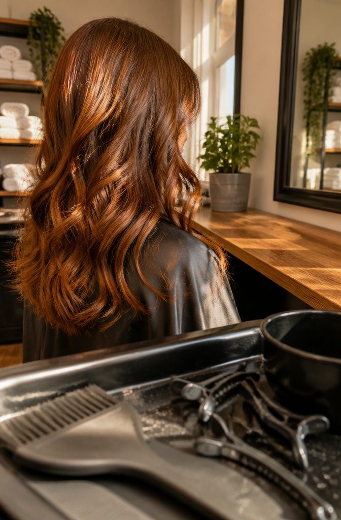 Copper brown hair with orange highlights woven through a medium brown base