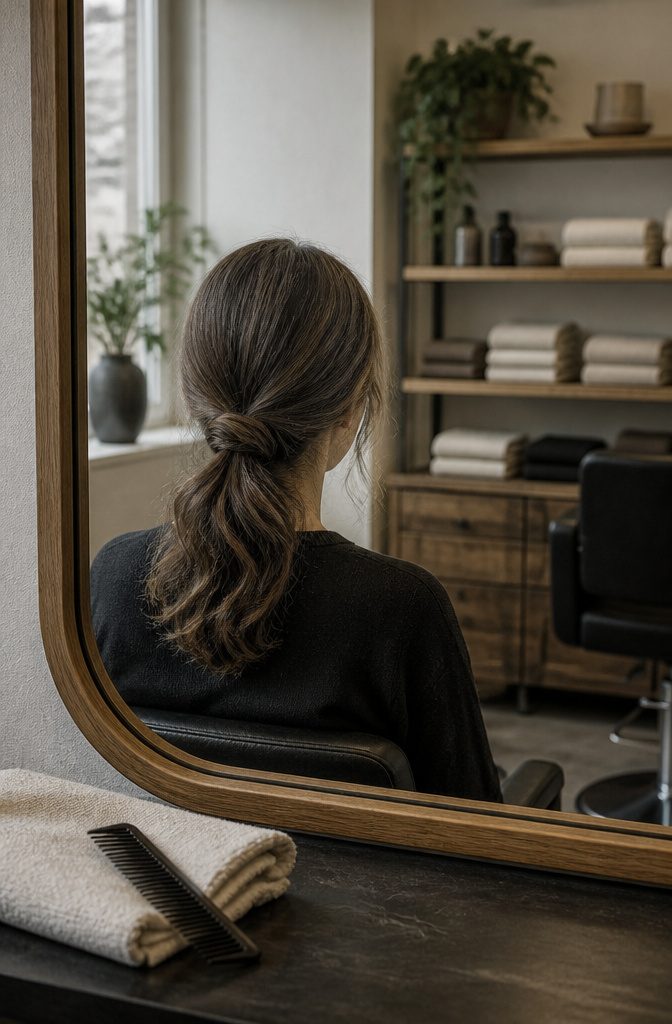 Gray brown hair with cool smoky tones and blended silver strands