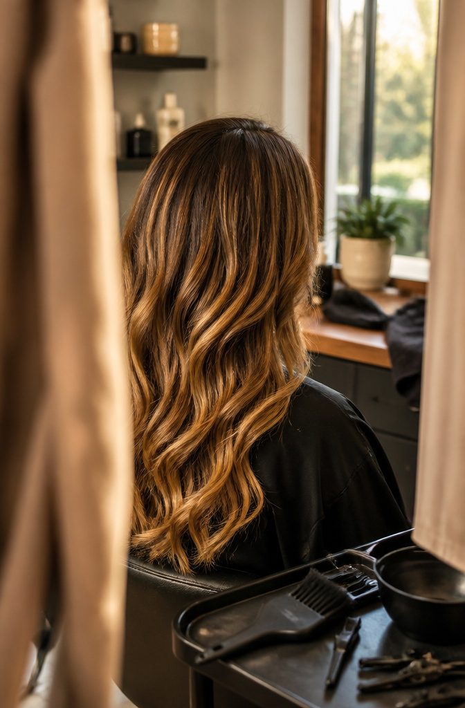 Honey brown hair with blonde highlights blended through a brown base