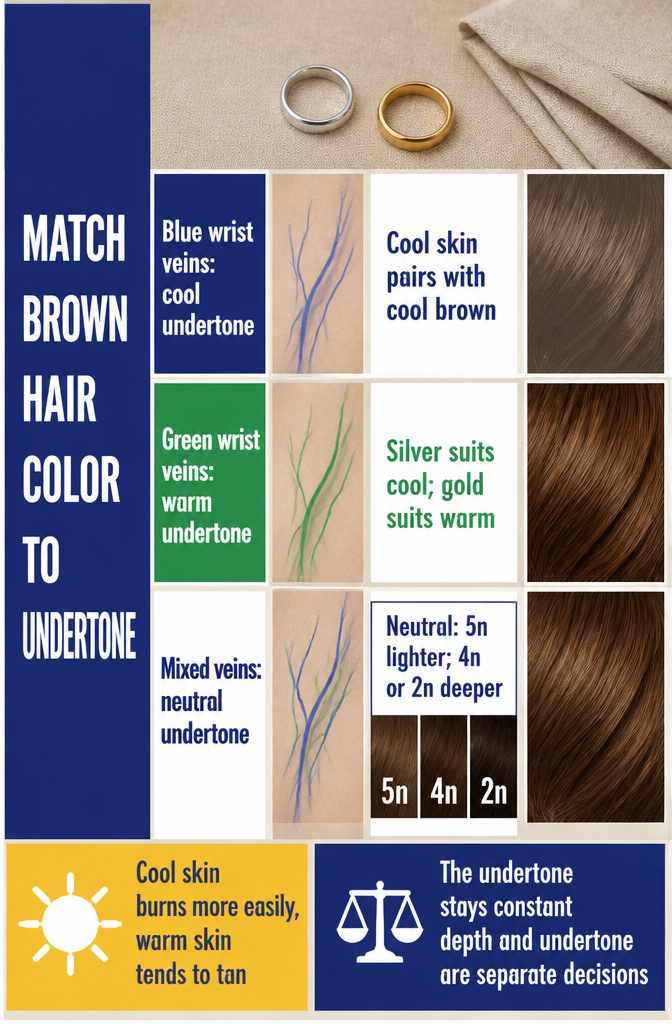 Beauty graphic showing wrist veins and gold or silver jewelry for undertones