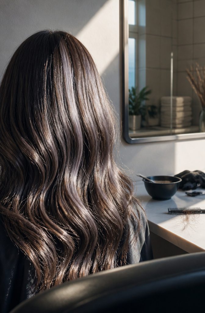 Ice brown hair with visible silver highlights and a glossy surface