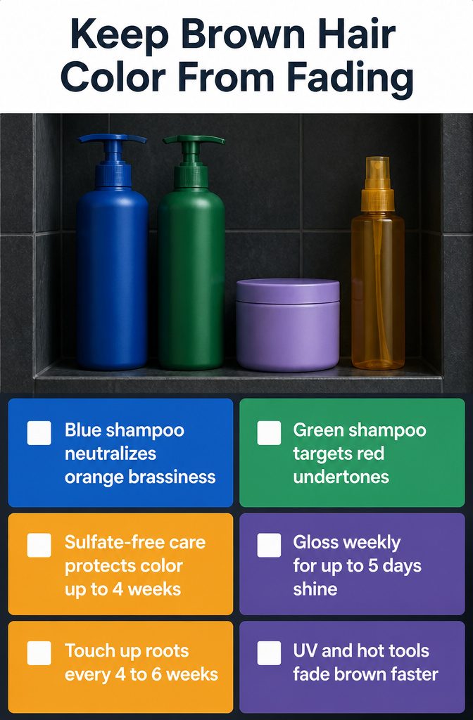 Beauty graphic listing blue shampoo green shampoo and color care for brown hair