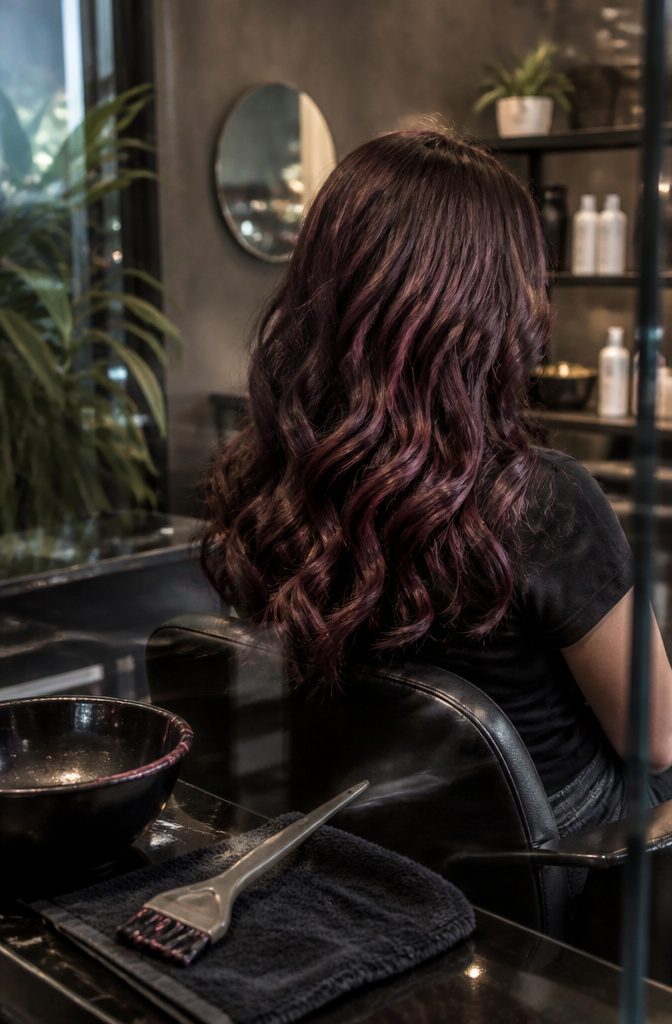 Mahogany brown hair with red and purple-red highlights