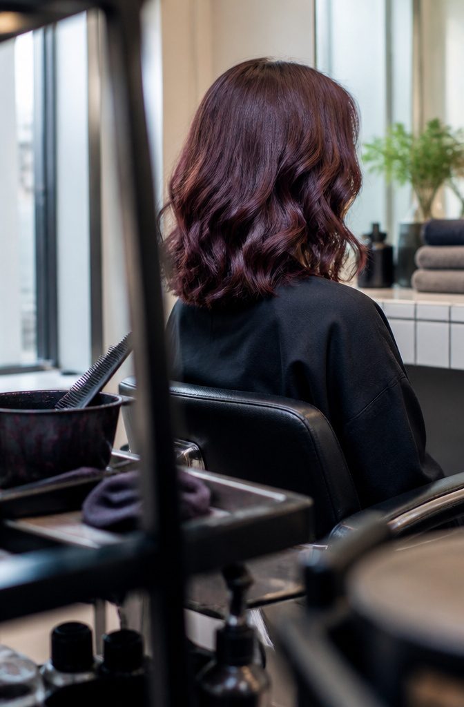 Medium brown hair with a visible purple-red plum undertone